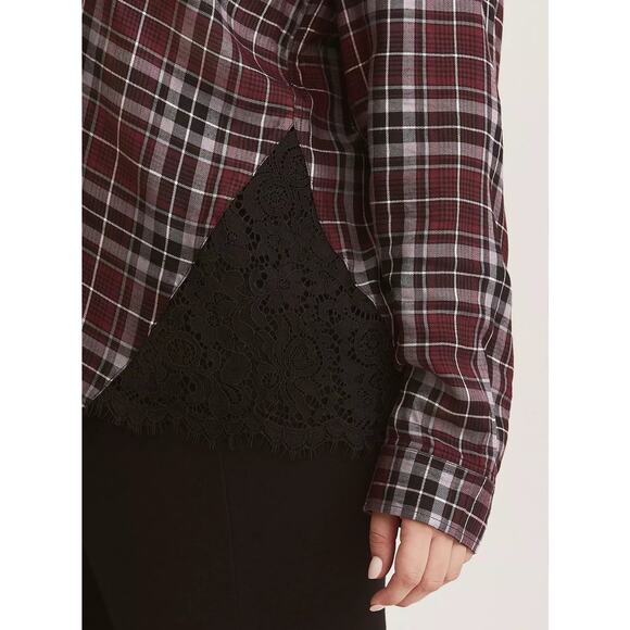 Torrid Camp Shirt Womens 1X Burgundy Gray Black Plaid Lace Button Up Soft Grunge - Picture 3 of 16